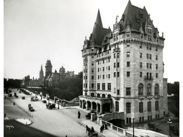 Château Laurier Hotel, looking west along Wellington Street to Parliament Hill, circa 1914.