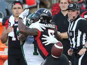 Chris Randle is called for pass interference on Shaq Evans  in the first half as the Ottawa Redblacks take on the Saskatchewan Roughriders in CFL action at TD Place in Ottawa.
