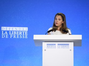 Chrystia Freeland speaks to delegates during day two of the Global Conference on Press Freedom on July 11, 2019 in London, England.
