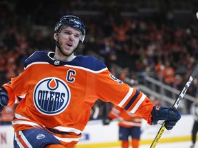 Edmonton Oilers' Connor McDavid celebrates his goal during second period NHL hockey action against the Ottawa Senators in Edmonton, Saturday, March 23, 2019.