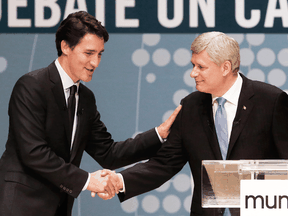 Liberal Leader Justin Trudeau and Conservative Leader Stephen Harper were parts of competing narratives about the Harper government’s economic record prior to the 2015 federal election.