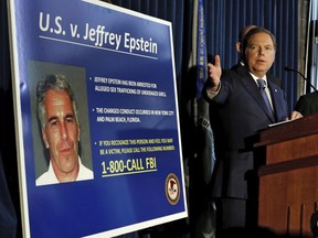 United States Attorney for the Southern District of New York Geoffrey Berman speaks during a news conference, in New York, Monday, July 8, 2019. Federal prosecutors announced sex trafficking and conspiracy charges against wealthy financier Jeffrey Epstein. Court documents unsealed Monday show Epstein is charged with creating and maintaining a network that allowed him to sexually exploit and abuse dozens of underage girls.(AP Photo/Richard Drew) ORG XMIT: NYRD106