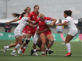 Canada's Sara Kaljuvee in action during the Women's Gold Medal match at the XVIII Pan American Games in Lima, Peru.