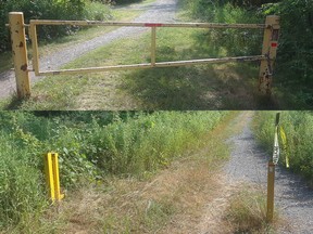Before and after: Frontenac OPP needs help to find those who stole metal gates from the McFadden Rd, Hogan Rd and Perth Rd entrances to the Cataraqui Trail in South Frontenac Twp, near Kingston.