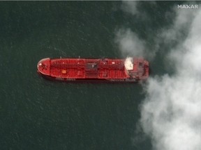 A satellite image of the Iranian port city of Bandar Abbas reveals the presence of the seized British oil tanker, the Stena Impero on July 22, 2019.