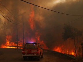 Firefighters drive through smoke from a forest fire in Chaveira, Portugal July 22, 2019.