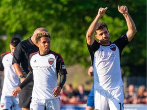 Ottawa Fury FC midfielder Thiago De Freitas (19) gives the thumbs up to the bench after scoring one of his two goals on July 10, 2019 in Halifax.