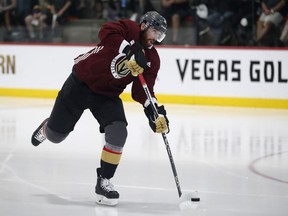 Vegas Golden Knights left wing James Neal shoots during an NHL hockey practice, Sunday, May 27, 2018, in Las Vegas.