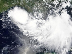 Tropical Storm Barry is shown in the Gulf of Mexico approaching the coast of Louisiana, U.S. in this July 11, 2019 NASA satellite handout photo. NASA/Handout via REUTERS ATTENTION EDITORS - THIS IMAGE WAS PROVIDED BY A THIRD PARTY. ORG XMIT: TOR101