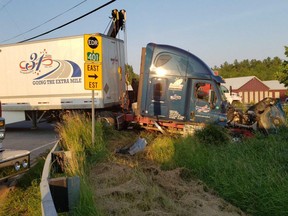 Tractor trailer in the ditch near Brockville