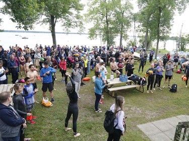 Swimmers wait for the start of the Ottawa River Riverkeeper swim on Saturday, August 10, 2019.