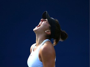 Bianca Andreescu of Canada reacts after winning a point against Karolina Pliskova of Czech Republic during a quarterfinal match on Day 7 of the Rogers Cup at Aviva Centre on August 09, 2019 in Toronto.