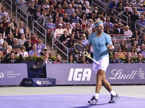 Rafael Nadal of Spain celebrates after winning against Fabio Fognini of Italy during Day 8 of the Rogers Cup at IGA Stadium on Friday, August 9, 2019, in Montreal.