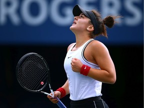 Bianca Andreescu reacts after winning a point against Sofia Kenin of the United States during a semifinal match on Day 8 of the Rogers Cup at Aviva Centre on Aug. 10, 2019 in Toronto.