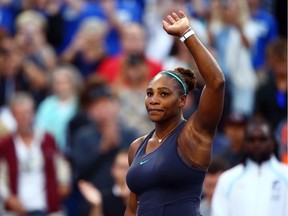 Serena Williams waves to the crowd after defeating Marie Bouzkova in the semifinals on Day 8 of the Rogers Cup at Aviva Centre on Aug. 10, 2019 in Toronto.