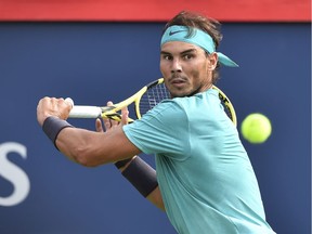 Rafael Nadal of Spain keeps his focus on the ball against Daniil Medvedev of Russia during the mens singles final on day 10 of the Rogers Cup at IGA Stadium on August 11, 2019 in Montreal, Quebec, Canada.  Rafael Nadal of Spain defeated Daniil Medvedev of Russia 6-3, 6-0.