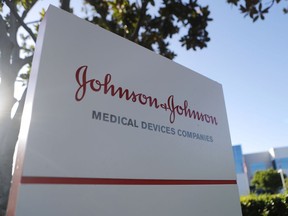 A sign is posted at the Johnson & Johnson campus on August 26, 2019 in Irvine, California. A judge has ordered the company to pay $572 million in connection with the opioid crisis in Oklahoma.