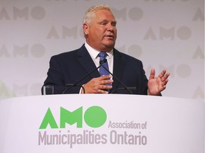 Ontario Premier Doug Ford addresses the Association of Municipalities Ontario on Monday, Aug. 19, 2019, in Ottawa.