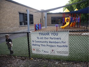A thank you sign is displayed on the fence of the new play structure at Viscount Alexander Public School on Thursday, June 20, 2019. School council raised money and got grants to have this play structure built after the last one was torn down as unsafe.