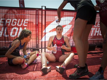 Noémie Beaulieu, left, winner of the Youth and Junior Girls Enduro Race, chats with second-place finisher Colette Reimer after Saturday's event.