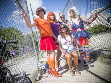 Drag & Balls 2019, a charity softball event, was held Saturday to raise money for Bruce House. From left, back row: Taylor Griffin, Greg Perry, Steve Pageau, David Sabourin, all part of the organizing committee, and Linda Truglia, manager of volunteer services and community relations with Bruce House.