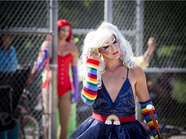 Drag & Balls 2019, a charity softball event, was held Saturday to raise money for Bruce House. David Sabourin gets ready to bat, but first has to fix up the hair.