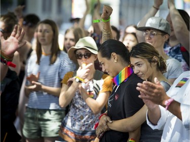 The Ottawa Dyke March 2019 took place on Saturday starting at the Canadian Tribute to Human Rights on Elgin. Roksana Hajrizi gets a hug from her sister, Camila Hajrizi, after she spoke very openly about the troubles her family is face with deportation.