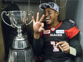 Ottawa Redblacks quarterback Henry Burris celebrates after the Grey Cup win over the Calgary Stampeders in 2016.