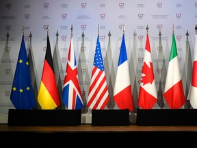 Flags of the European Union, Germany, United-Kingdom, the United States, France, Canada, Italy and Japan during a meeting to prepare the G7 Summit in Biarritz.