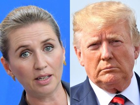 Denmark's Prime Minister Mette Frederiksen (L) at a joint press conference on July 11, 2019 at the Chancellery in Berlin and US President Donald Trump before boarding Air Force One in Morristown, New Jersey, on August 18, 2019. - President Donald Trump announced Tuesday that he is postponing an upcoming meeting with Denmark's prime minster due to her lack of interest in selling Greenland to the United States.