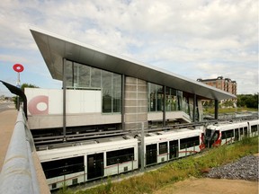 A train pulls into the Cyrville station during the LRT test period in August, 2019.