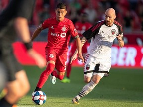 The Ottawa Fury's Jérémy Gagnon-Laparé closes in on Toronto FC's Erickson Gallardo during the second leg of their Canadian Championship semifinal in Toronto on Wednesday, Aug. 14, 2019. Paul Giamou/Toronto FC