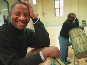Music composer Lebo M leans on one of the many African drums which will be used for the beat of the Lion King in one of the large mirrored rehearsal rooms.