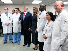U.S. President Donald Trump and First Lady Melania Trump visit hospital staff in Dayton, Ohio on Aug. 7, 2019.