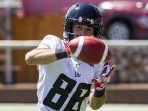 Ottawa Redblacks WR Brad Sinopoli makes a catch during practice at TD Place on Aug. 5, 2019. When it comes to the games, however, the Redblacks haven't had much luck getting the ball to Sinopoli.