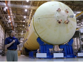 NASA Administrator Jim Bridenstine speaks to media during a visit to NASA's Michoud Assembly Facility where engineers are preparing to add the final section to the core stage of the rocket that will power NASA's Artemis 1 lunar mission, in New Orleans, Louisiana, U.S., August 15, 2019.