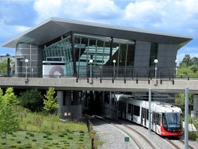 A train pulls out of the Tremblay LRT station.