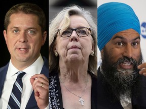 Andrew Scheer, Elizabeth May and Jagmeet Singh took part in the first federal election debate Thursday night. Justin Trudeau declined to participate.