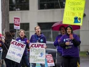 CUPE education workers protest in front of the Ottawa Catholic School Board in mid-September.