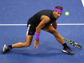 Rafael Nadal of Spain returns a shot during his Men's Singles final match against Daniil Medvedev of Russia on day fourteen of the 2019 US Open at the USTA Billie Jean King National Tennis Center on September 08, 2019 in the Queens borough of New York City.