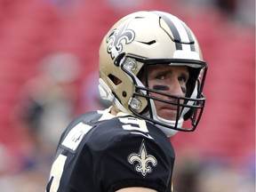 Drew Brees of the Saints injured the thumb on his passing hand when it struck the hand of Rams defensive lineman Aaron Donald in a game on Sunday.