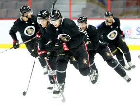 Max Lajoie (middle) of the Ottawa Senators leads the skate during training camp in Ottawa on Sept. 13, 2019.