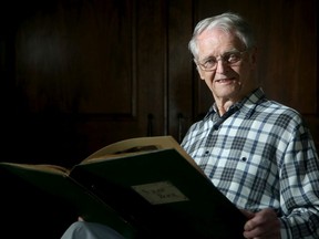 John Rutherford, 91, has kept a scrapbook with clippings and over 70 editorial cartoons from the Second Word War, collected as a child in Canada after being sent away from Britain for safety shortly after the war broke out.
