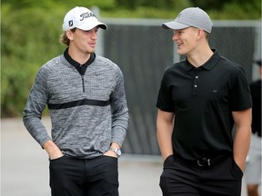 Thomas Chabot and Brady Tkachuk share a laugh on their way into the event.  Ottawa Senators players and staff took to the Marshes Golf Club Tuesday for the Annual Bell Senators Charity Golf Classic, where foursomes are rounded out with players to raise money for the Sens Foundation.