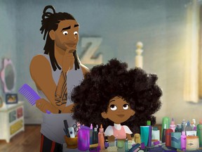 A still image from Hair Love shows Stephen looking at the hair of his daughter, Zuri.