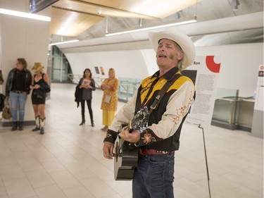 Performer known as Lucky Ron belts out a tune in the Lyon Station as the LRT officially opens on September 14, 2019 complete with ceremonies at Tunney's Pasture.