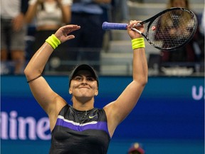 Bianca Andreescu of Canada celebrates her win over Belinda Bencic of Switzerland during their semi-finals women's Singles match at the 2019 US Open at the USTA Billie Jean King National Tennis Center in New York on September 5, 2019.