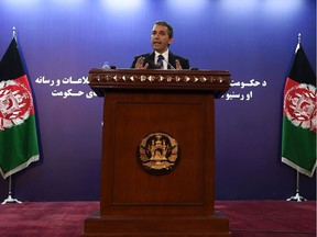 Sediq Sediqqi, spokesperson for the President of Afghanistan gestures as he speaks during a press conference in Kabul on September 8, 2019. - US President Donald Trump's announcement that he had called off negotiations with the Taliban, apparently ending a year-long diplomatic push to exit America's longest war, has left the withdrawal deal shrouded in uncertainty.
