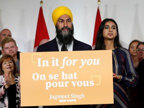 New Democratic Party (NDP) leader Jagmeet Singh, with his wife Gurkiran Kaur, launches his election campaign at the Goodwill Centre in London, Ont., with a nice new slogan.