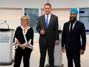 If the Liberals lose support over their latest self-inflicted wounds, it could go to any one of the other parties. Shown here: Green Party leader Elizabeth May, Conservative leader Andrew Scheer and New Democratic Party (NDP) leader Jagmeet Singh.